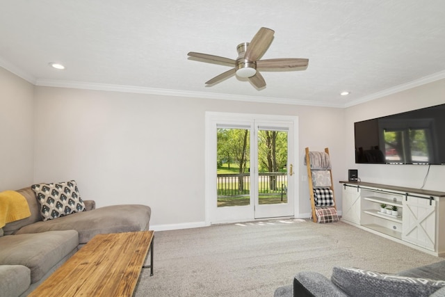 381 Ormsbee St, Big Lake, MN 55309 - carpeted living area featuring baseboards, a ceiling fan, crown molding, and recessed lighting