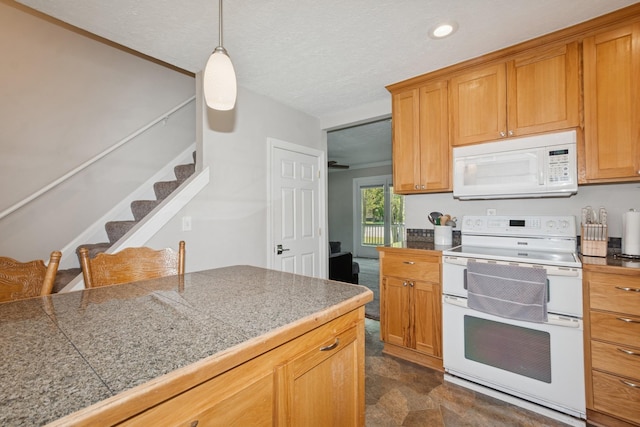 381 Ormsbee St, Big Lake, MN 55309 - kitchen with white appliances, tile countertops, recessed lighting, decorative light fixtures, and dark stone finish floors