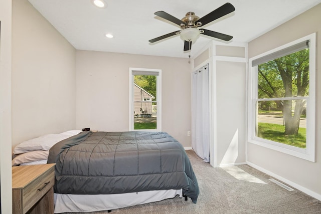 381 Ormsbee St, Big Lake, MN 55309 - bedroom with light colored carpet, baseboards, recessed lighting, and ceiling fan