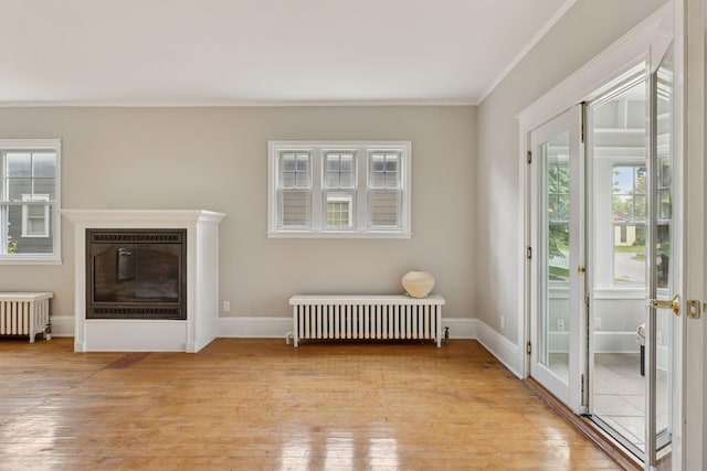 1418 Payne Ave, Saint Paul, MN 55130 - living room featuring radiator, crown molding, plenty of natural light, and light wood-style flooring