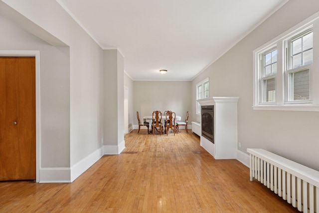 1418 Payne Ave, Saint Paul, MN 55130 - hall featuring light wood finished floors, crown molding, and radiator heating unit
