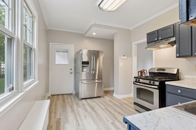 1418 Payne Ave, Saint Paul, MN 55130 - kitchen featuring appliances with stainless steel finishes, under cabinet range hood, light countertops, light wood finished floors, and crown molding
