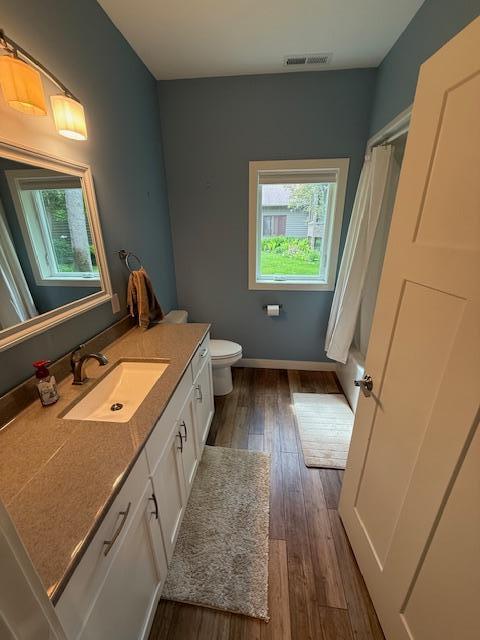 6207 Lagoon Dr NE, Bemidji, MN 56601 - full bath with vanity, toilet, hardwood / wood-style flooring, baseboards, and a shower with shower curtain