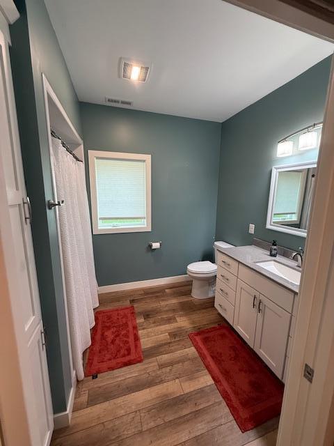 6207 Lagoon Dr NE, Bemidji, MN 56601 - bathroom featuring vanity, wood finished floors, toilet, and baseboards