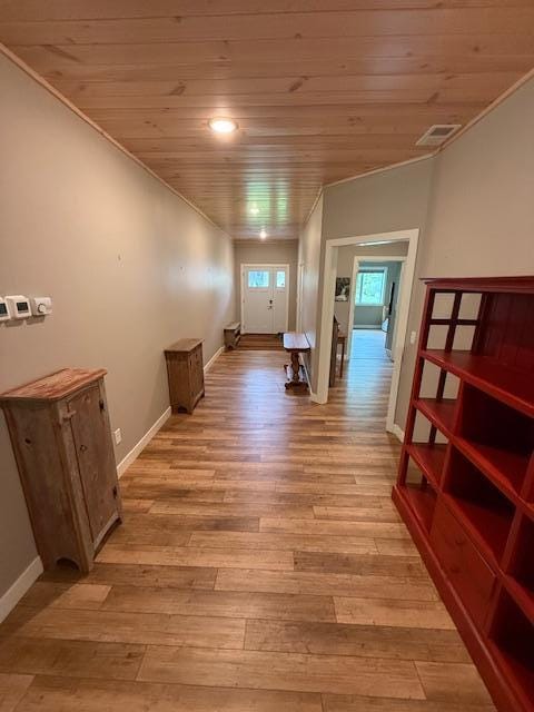 6207 Lagoon Dr NE, Bemidji, MN 56601 - hall with wooden ceiling, light wood-style flooring, ornamental molding, and baseboards