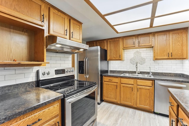 6251 Magda Dr Unit B, Maple Grove, MN 55369 - kitchen featuring under cabinet range hood, stainless steel appliances, a sink, brown cabinets, and decorative backsplash
