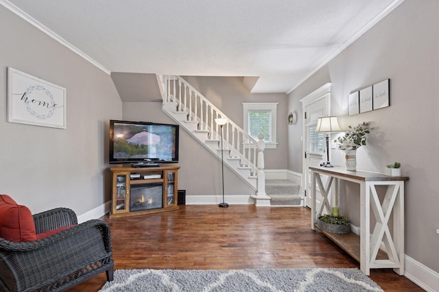 332 2nd St, New Richmond, WI 54017 - living area featuring stairs, ornamental molding, wood finished floors, baseboards, and a glass covered fireplace