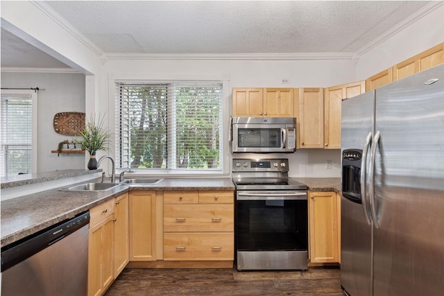332 2nd St, New Richmond, WI 54017 - kitchen featuring appliances with stainless steel finishes, light brown cabinetry, a sink, ornamental molding, and dark wood-type flooring