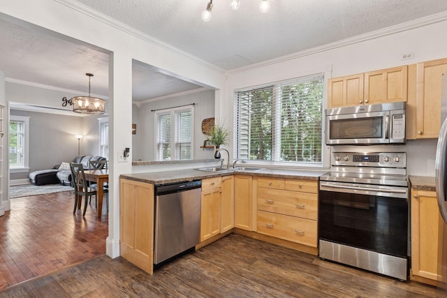 332 2nd St, New Richmond, WI 54017 - kitchen featuring appliances with stainless steel finishes, light brown cabinets, a sink, dark wood-style flooring, and crown molding