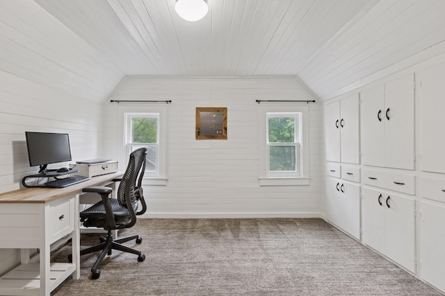 332 2nd St, New Richmond, WI 54017 - carpeted home office featuring wooden ceiling, lofted ceiling, and healthy amount of natural light
