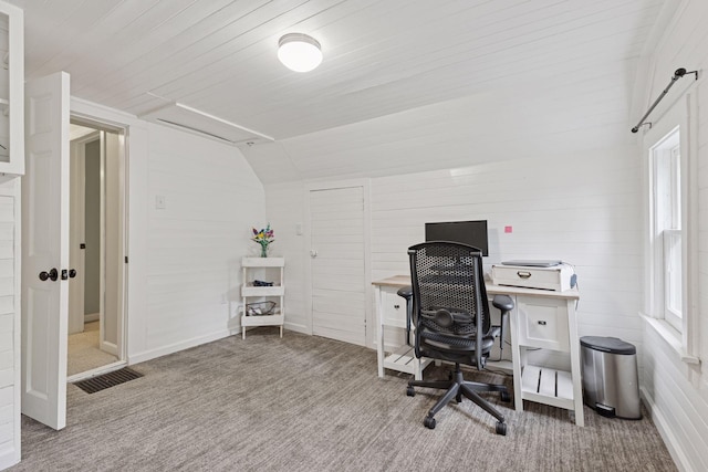 332 2nd St, New Richmond, WI 54017 - carpeted home office with plenty of natural light, lofted ceiling, and wooden ceiling