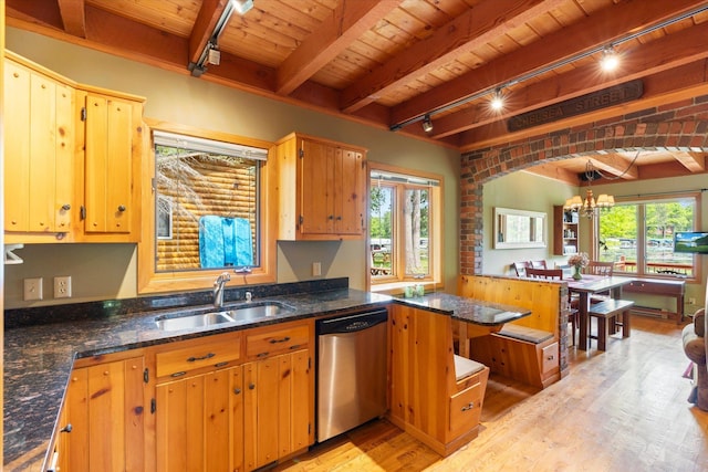 11690 Harbor Ln, Ideal Twp, MN 56442 - kitchen with track lighting, dishwasher, a sink, light wood-style floors, and wood ceiling with exposed beams