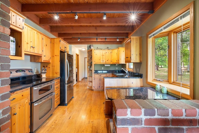 11690 Harbor Ln, Ideal Twp, MN 56442 - kitchen with stainless steel appliances, track lighting, a sink, light wood finished floors, and wooden ceiling with exposed beams