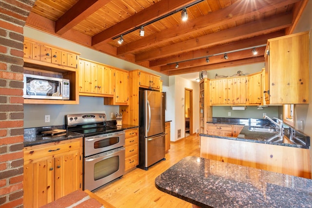 11690 Harbor Ln, Ideal Twp, MN 56442 - kitchen with appliances with stainless steel finishes, rail lighting, a sink, light wood finished floors, and wooden ceiling with exposed beams
