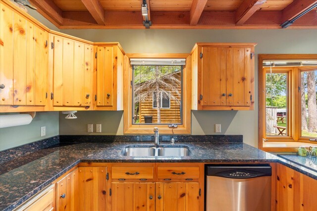 11690 Harbor Ln, Ideal Twp, MN 56442 - kitchen featuring stainless steel dishwasher, a sink, plenty of natural light, wood ceiling with exposed beams, and dark stone counters