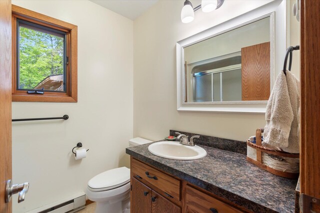 11690 Harbor Ln, Ideal Twp, MN 56442 - full bathroom featuring vanity, baseboard heating, toilet, and a shower with door