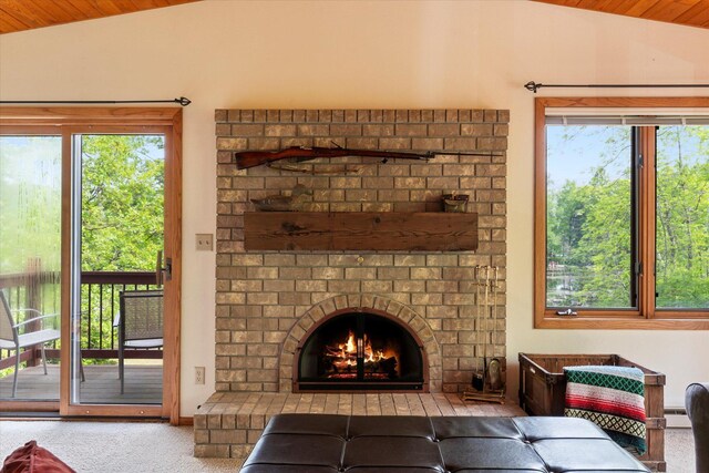 11690 Harbor Ln, Ideal Twp, MN 56442 - living room featuring lofted ceiling, healthy amount of natural light, baseboard heating, carpet floors, and wooden ceiling