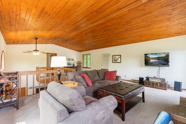 11690 Harbor Ln, Ideal Twp, MN 56442 - living room with carpet, vaulted ceiling, wood ceiling, and ceiling fan