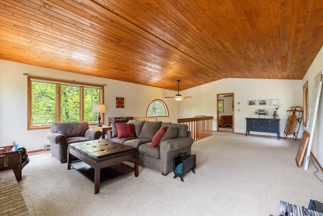 11690 Harbor Ln, Ideal Twp, MN 56442 - carpeted living area featuring wood ceiling, lofted ceiling, a ceiling fan, and baseboards