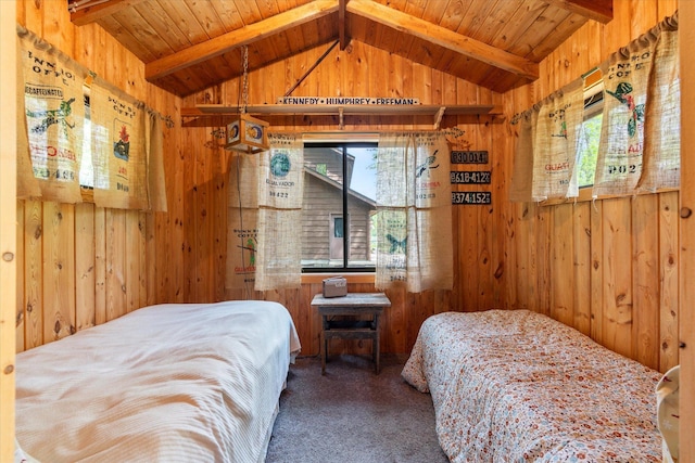 11690 Harbor Ln, Ideal Twp, MN 56442 - carpeted bedroom featuring wood walls and wood ceiling