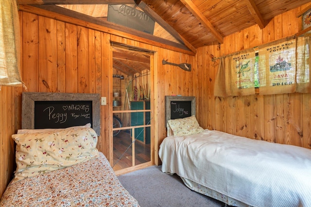 11690 Harbor Ln, Ideal Twp, MN 56442 - carpeted bedroom featuring wood walls, wooden ceiling, and access to outside