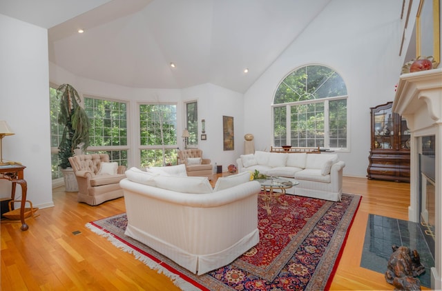 6323 Timber Trl, Edina, MN 55439 - living room featuring wood finished floors, high vaulted ceiling, and recessed lighting