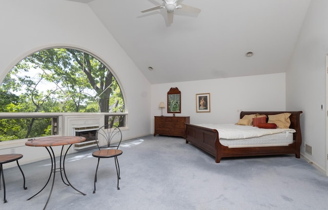 6323 Timber Trl, Edina, MN 55439 - bedroom featuring light carpet, multiple windows, high vaulted ceiling, and a fireplace