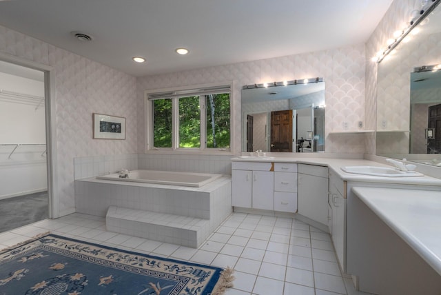 6323 Timber Trl, Edina, MN 55439 - full bathroom with wallpapered walls, tile patterned flooring, double vanity, a bath, and baseboards