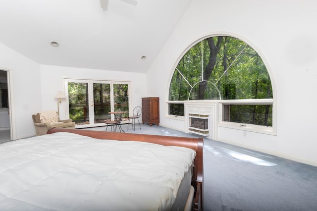 6323 Timber Trl, Edina, MN 55439 - bedroom with high vaulted ceiling, carpet floors, baseboards, and ceiling fan