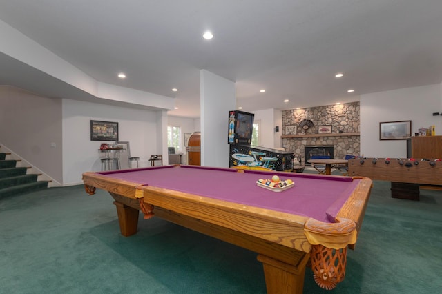 6323 Timber Trl, Edina, MN 55439 - rec room with carpet flooring, recessed lighting, a stone fireplace, and billiards table