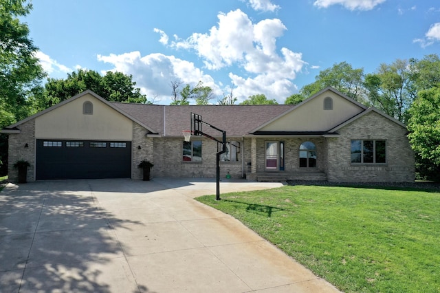 8081 45th Ave SW, Raymond, MN 56282 - ranch-style house featuring driveway, a front lawn, an attached garage, brick siding, and roof with shingles