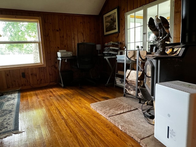115 Mn Highway 78 N, Ottertail, MN 56571 - office area with hardwood / wood-style flooring, wood walls, and lofted ceiling