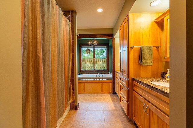 N12011 County Road Ss, Otter Creek Twp, WI 54772 - bathroom featuring a garden tub, a chandelier, vanity, tile patterned floors, and a shower with curtain