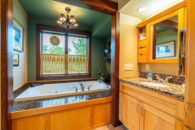 N12011 County Road Ss, Otter Creek Twp, WI 54772 - full bathroom with vanity, a jetted tub, and a chandelier