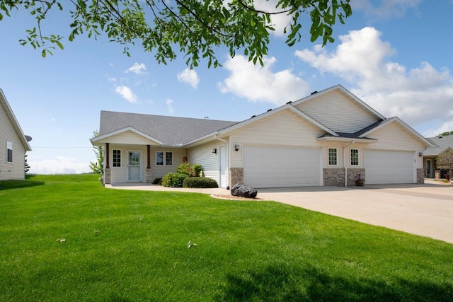 2475 Mossy Creek Dr NE, Owatonna, MN 55060 - ranch-style home featuring an attached garage, concrete driveway, a front yard, and a shingled roof
