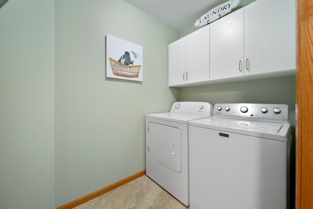 2475 Mossy Creek Dr NE, Owatonna, MN 55060 - washroom with washing machine and dryer, cabinet space, a textured ceiling, and light carpet