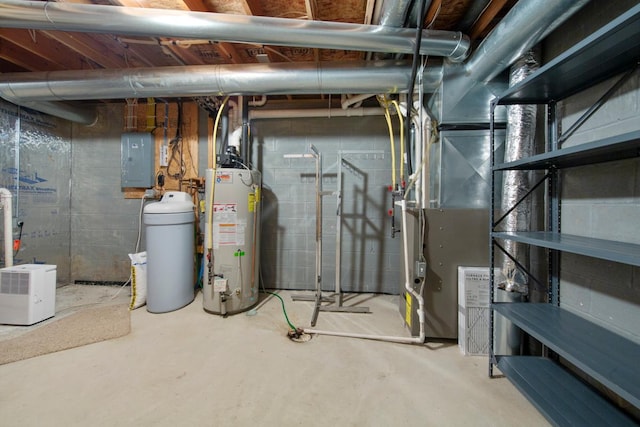 2475 Mossy Creek Dr NE, Owatonna, MN 55060 - unfinished basement with water heater, electric panel, and a water softener system
