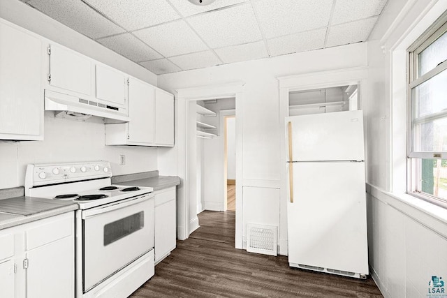 1006 87th Ave W Upper Unit, Upper Unit, Duluth, MN 55808 - kitchen featuring white appliances, under cabinet range hood, a drop ceiling, dark wood-style flooring, and white cabinetry