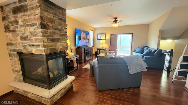9695 Independence Cir Unit 4, Chanhassen, MN 55317 - living room with ceiling fan, dark wood finished floors, and a fireplace
