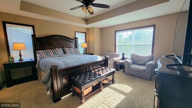 9695 Independence Cir Unit 4, Chanhassen, MN 55317 - bedroom with light carpet, a raised ceiling, and a ceiling fan