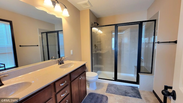 9695 Independence Cir Unit 4, Chanhassen, MN 55317 - full bathroom with a stall shower, toilet, double vanity, and tile patterned floors