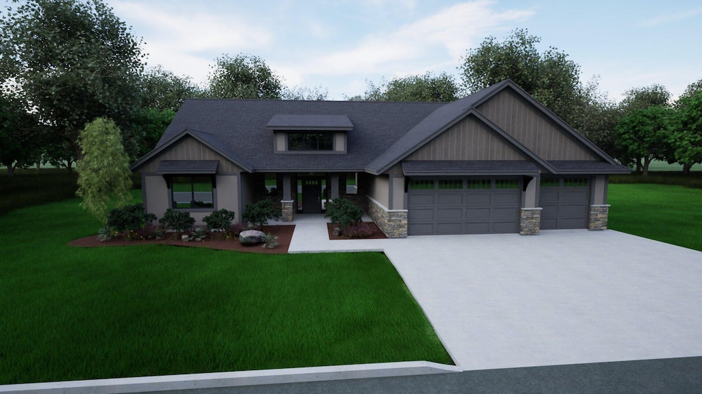 1747 Mayowood Ct SW, Rochester, MN 55902 - craftsman-style home with stone siding, an attached garage, a front lawn, and driveway