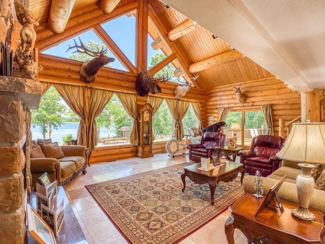 10719 Lumberjack Rd NW, Alaska Twp, MN 56667 - tiled living area featuring rustic walls, high vaulted ceiling, and wood ceiling with exposed beams