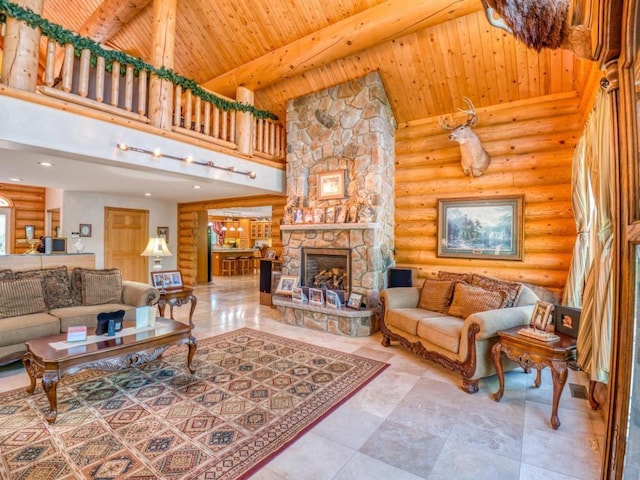 10719 Lumberjack Rd NW, Alaska Twp, MN 56667 - living area featuring wooden ceiling, high vaulted ceiling, rustic walls, and a stone fireplace