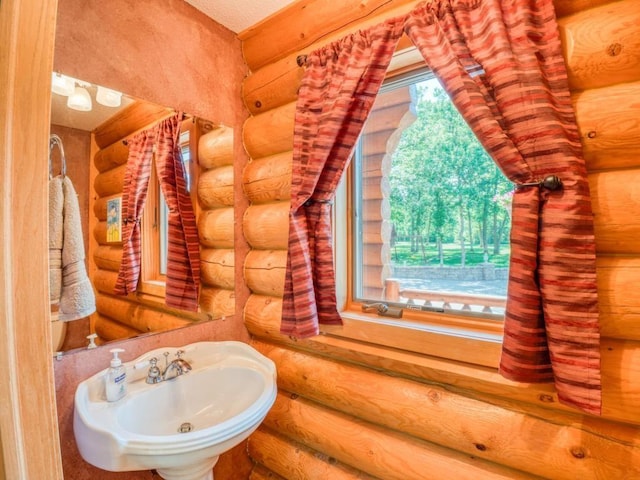 10719 Lumberjack Rd NW, Alaska Twp, MN 56667 - bathroom featuring rustic walls and a sink