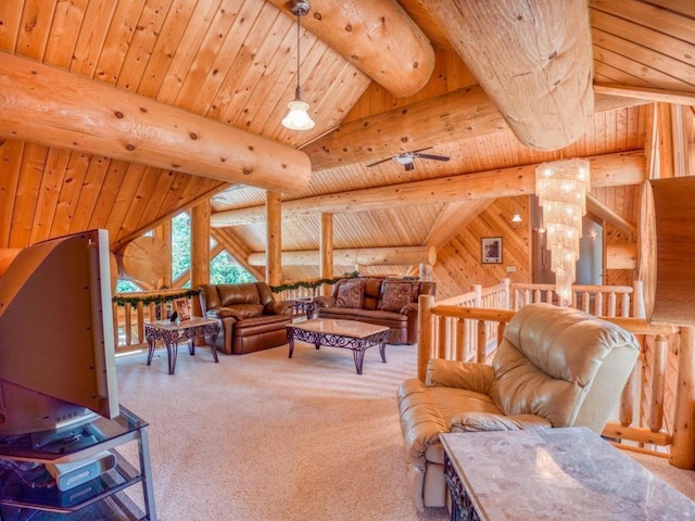 10719 Lumberjack Rd NW, Alaska Twp, MN 56667 - carpeted living room with ceiling fan, wood ceiling, and wood walls