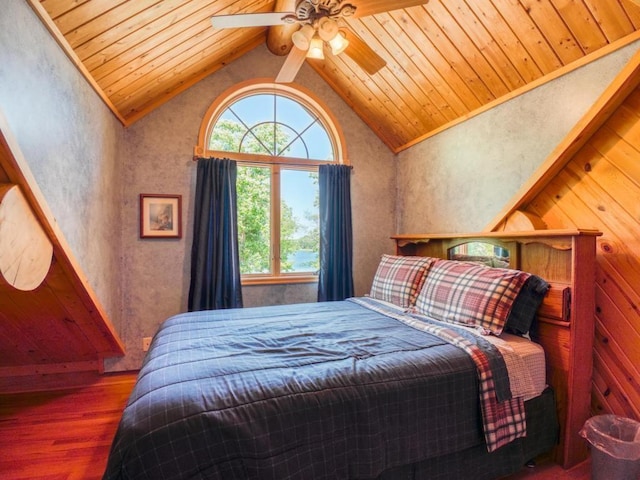 10719 Lumberjack Rd NW, Alaska Twp, MN 56667 - bedroom with wood finished floors, wood ceiling, vaulted ceiling, and ceiling fan