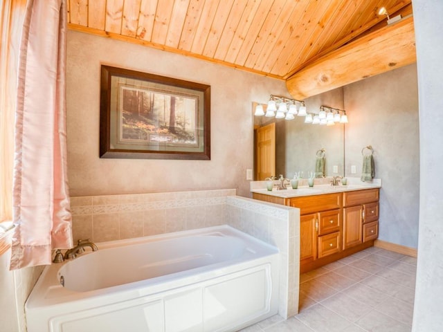 10719 Lumberjack Rd NW, Alaska Twp, MN 56667 - full bath featuring tile patterned floors, wood ceiling, a bath, and double vanity
