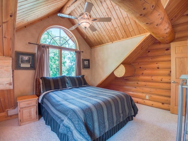10719 Lumberjack Rd NW, Alaska Twp, MN 56667 - carpeted bedroom featuring log walls, vaulted ceiling, a ceiling fan, and wood ceiling