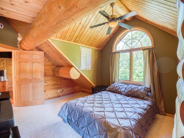 10719 Lumberjack Rd NW, Alaska Twp, MN 56667 - carpeted bedroom with wooden ceiling, log walls, and a ceiling fan